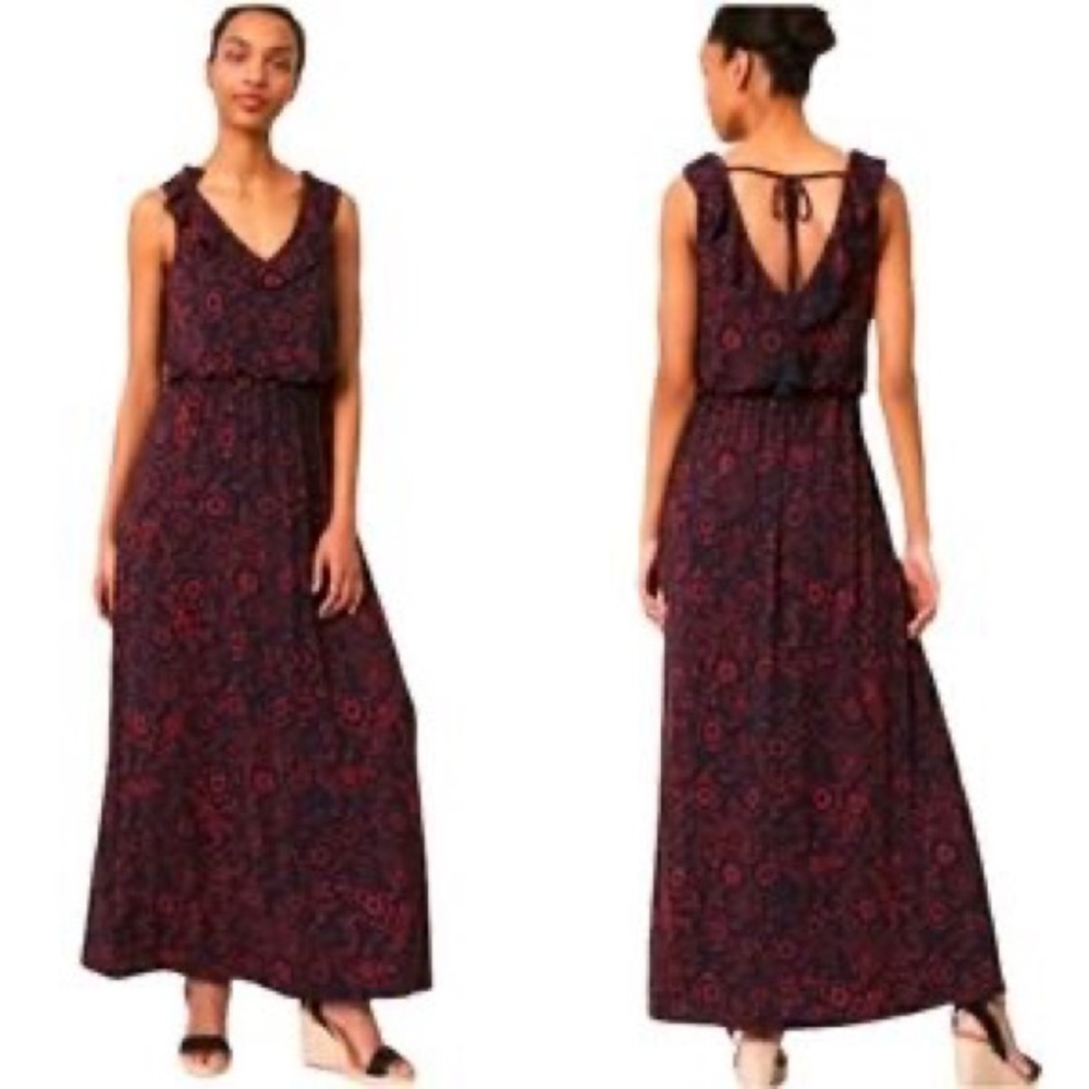 LOFT Red & Black Floral Maxi Dress – V‑Neck Back Tie | Size S